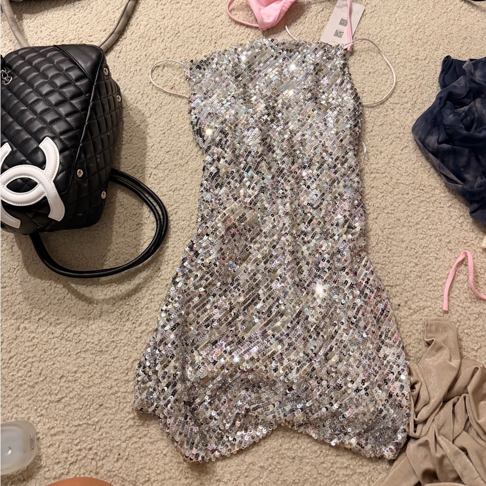 Silver Sequin Halter Slip mini Dress -